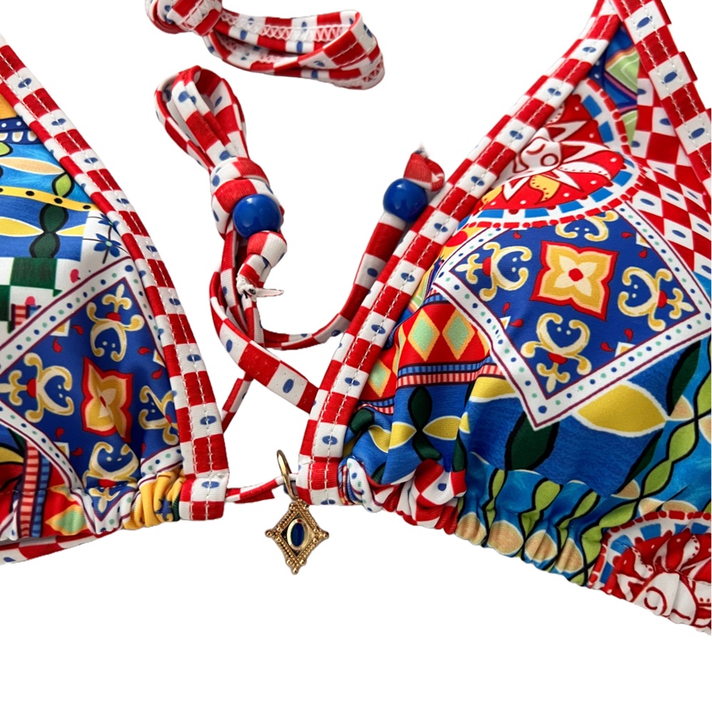 Boho Halter Bead Accents Side Tie Brazilian Bikini Set - Picture 9 of 12